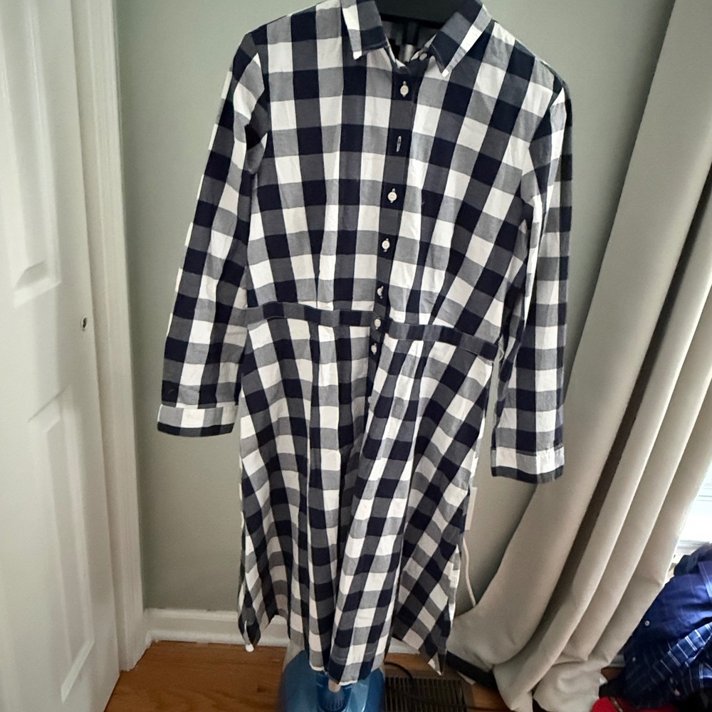 J.Crew Buffalo Check Shirt Dress Navy White Size 14 Cottagecore Midi Long Sleeve